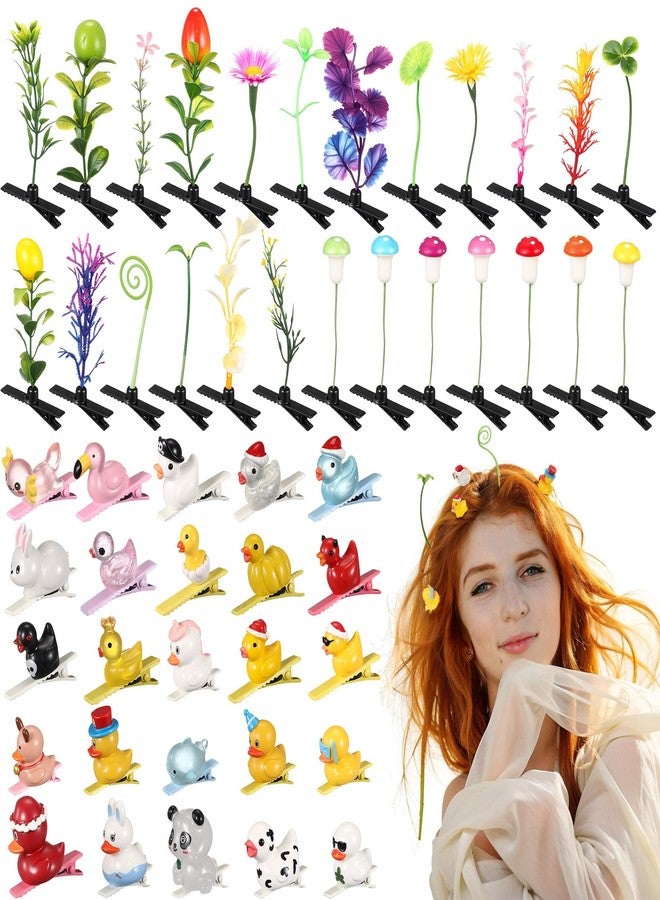 Solsew 50 Pcs Funny Bean Sprout & Duck Hair Clips Set, Rave Mixed Styles Multi-color Hair Clips, Novelty Plant and Animal Hairpins for Women Girls Music Festivals Beach Party Irish Home Christmas - Image 1